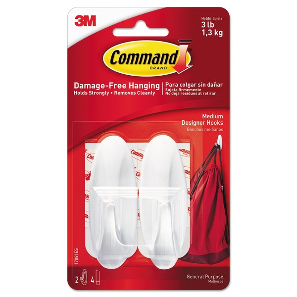Command General Purpose Designer Hooks, Medium, 3 lb Cap, White, PK2 17081ES